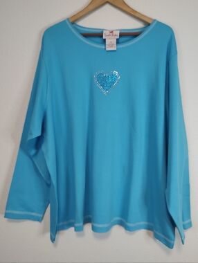 Quacker Factory Aqua Blue Heart Sequined Embellished Long Sleeve T-shirt Size 3X
